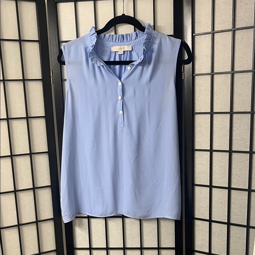 LOFT Sky Blue Ruffle Neck Blouse
